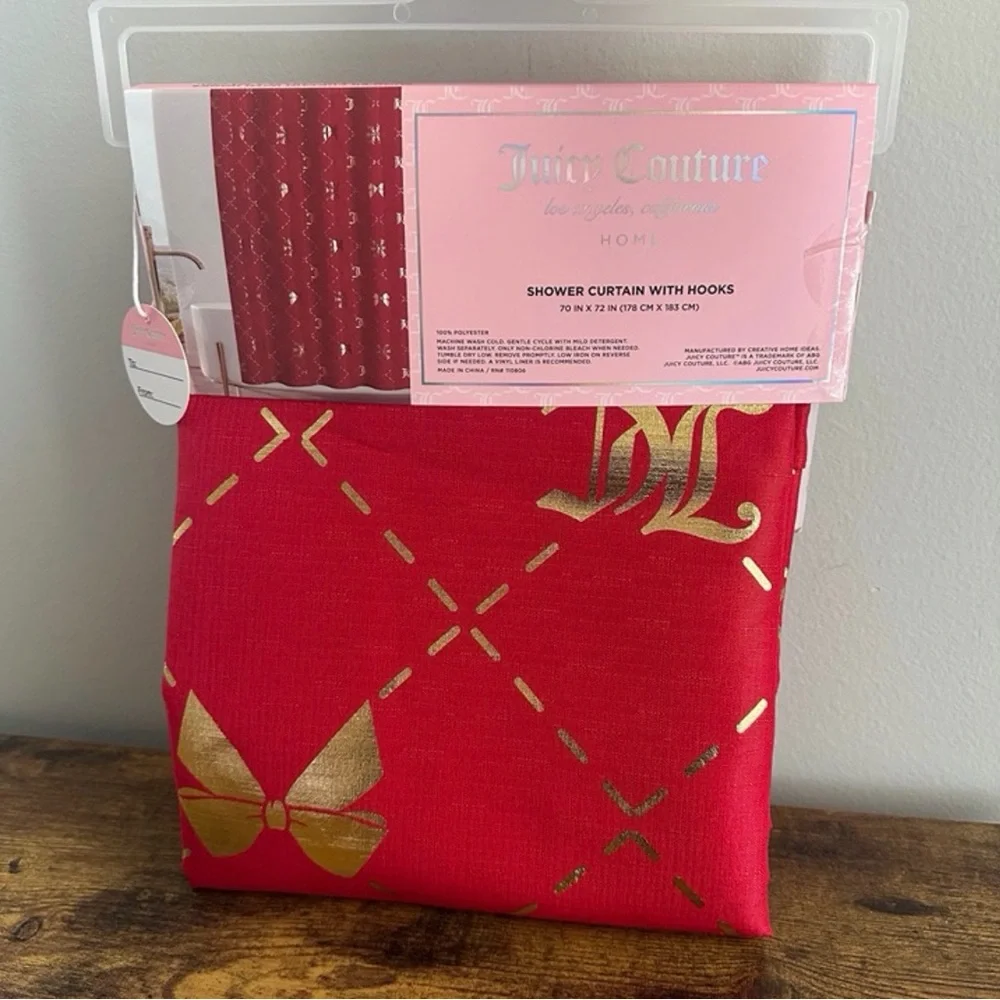 New Juicy Couture Christmas Red Gold Snow JC Fabric Shower Curtain Hooks 70x72